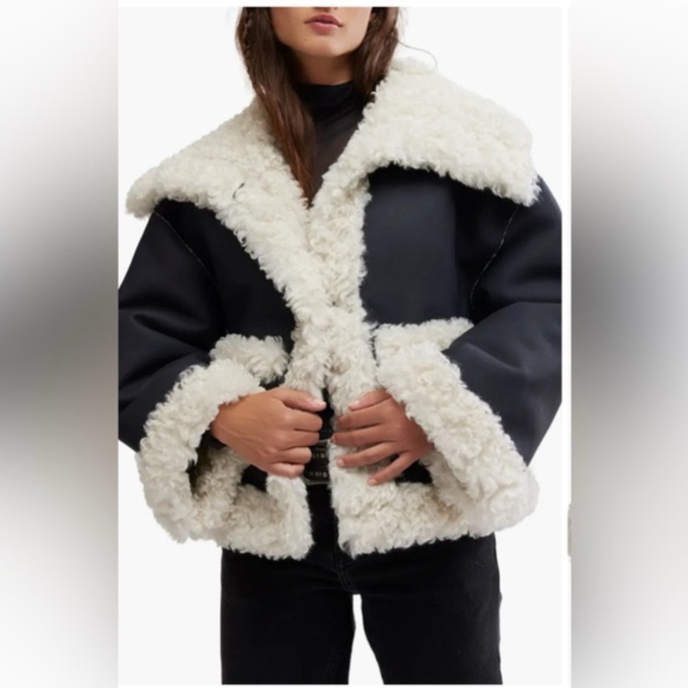 Free People Kiki Black Vegan Leather Sherpa Jacket S